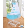 Berceau Bébé en Osier Complet à Ciel avec Textile Retombant Turquoise Hiboux