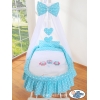 Berceau Bébé en Osier Complet à Ciel avec Textile Retombant Turquoise Hiboux