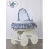 Berceau sur Roues en Osier Blanc avec Canopy Blanc Bleu Marine Hannah
