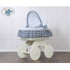 Berceau sur Roues en Osier Blanc avec Canopy Blanc Bleu Marine Hannah