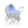 Landau en Rotin pour Poupée avec Textile Blanc Gris Bleu à Pois