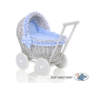 Landau en Rotin pour Poupée avec Textile Blanc Gris Bleu à Pois