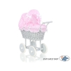 Landau en Rotin pour Poupée avec Textile Rose Gris à Pois