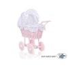 Landau Poupée en Rotin Blanc Bleu Marine à Pois Rose Poussiéreux