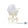 Landau pour Poupée en Rotin avec Textile Crème Blanc Bleu Marine à Pois