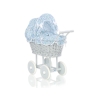 Landau Poussette de Poupée en Osier Bleu Gris Fleurs