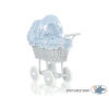 Landau Poussette de Poupée en Osier Bleu Gris Fleurs