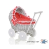 Poussette de Poupée en Osier avec Ensemble de Linge de Lit Gris Rouge à Pois