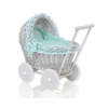 Poussette de Poupée en Osier avec Ensemble de Linge de Lit Menthe Gris à Pois