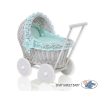 Poussette de Poupée en Osier avec Ensemble de Linge de Lit Menthe Gris à Pois