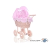 Poussette de Poupée en Osier avec Ensemble de Linge de Lit Rose Blanc à Pois Rose Poudré