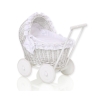 Poussette de Poupée en Osier Blanc avec Linge de Lit à Carreaux Blanc