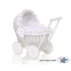 Poussette de Poupée en Osier Blanc avec Linge de Lit à Carreaux Blanc