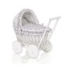 Poussette de Poupée en Osier Blanc avec Linge de Lit à Carreaux Blanc Gris à Pois