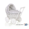 Poussette de Poupée en Osier Blanc avec Linge de Lit à Carreaux Blanc Gris à Pois