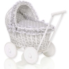 Poussette de Poupée en Osier Blanc avec Linge de Lit à Carreaux Blanc Gris à Pois