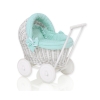 Poussette de Poupée en Osier Blanc avec Linge de Lit à Carreaux Menthe à Pois
