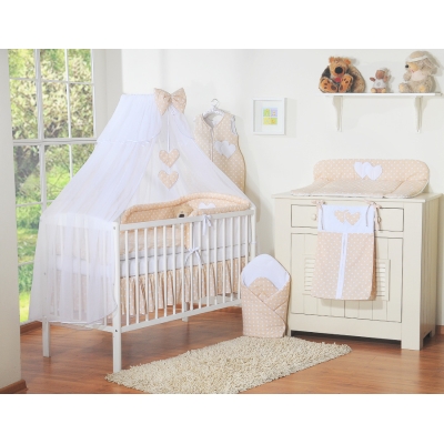 5 pcs Ensemble pour Lit Bébé avec Moustiquaire Beige à Pois Cœurs