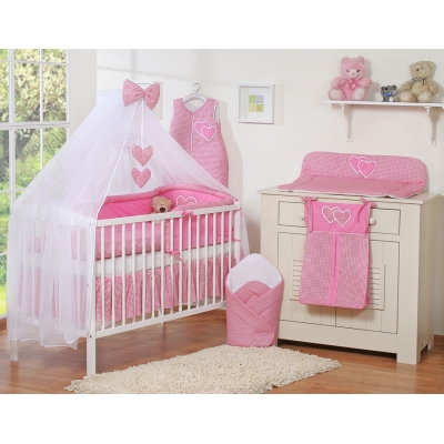 5 pcs Ensemble pour Lit Bébé avec Moustiquaire Rose à Carreaux Cœurs