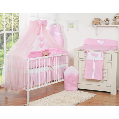 5 pcs Ensemble pour Lit Bébé avec Moustiquaire Rose Cœurs