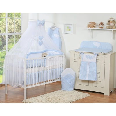 7pcs Ensemble Lit Bébé Ciel Tour de Lit Bleu à Carreaux Cœurs