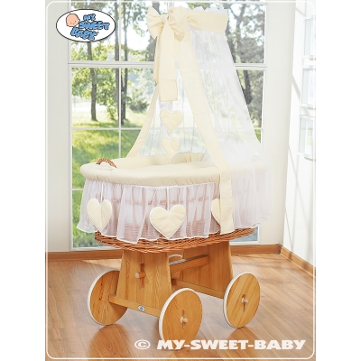 Berceau Bébé avec Voile en Osier Naturel, Sur Roulettes Crème Amelie