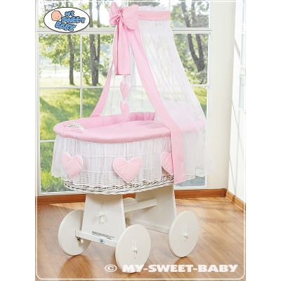 Berceau Bébé avec Voile en Osier Naturel, Sur Roulettes Rose Amelie