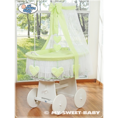 Berceau Bébé avec Voile en Osier Naturel, Sur Roulettes Vert