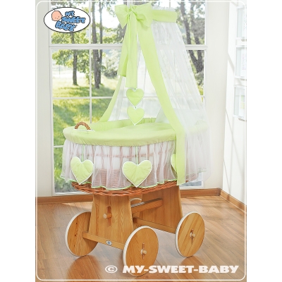 Berceau Bébé avec Voile en Osier Naturel, Sur Roulettes Vert Amelie