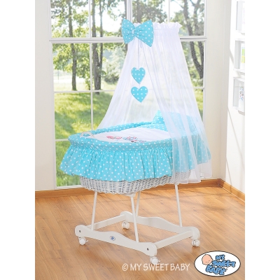Berceau Bébé en Osier Complet à Ciel avec Textile Retombant Turquoise Hiboux