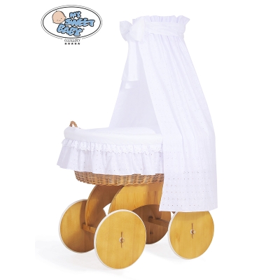 Berceau Bébé Osier Complet Textile Ciel Roues Charlotte Blanc