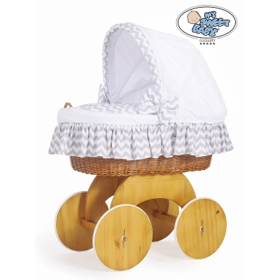 Berceau sur Roues en Osier Naturel avec Canopy Complete Zigzag Blanc Gris Hannah