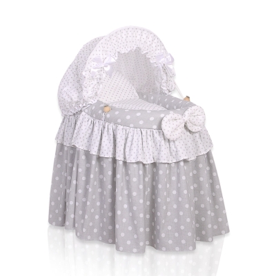 Berceau en Osier pour Poupées avec Capote Blanc Gris à Pois