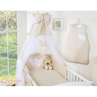 Ciel en Voile pour Lit de Bébé Beige à Pois Cœurs
