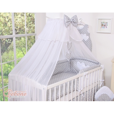 Ciel de Lit Bébé en Moustiquaire Grand Format Gris à Pois Cœurs
