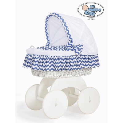 Berceau sur Roues en Osier Blanc avec Canopy Blanc Bleu Marine Hannah