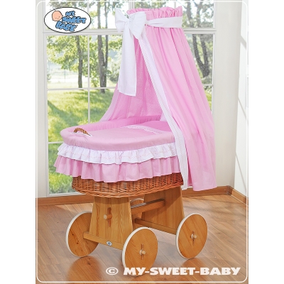 Couffin Sur Roulette / Berceau à Baldaquin en Osier Rose Bellamy pour Fille