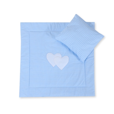 Coussin et Couverture pour Landau Bébé Bleu à Carreaux Cœurs