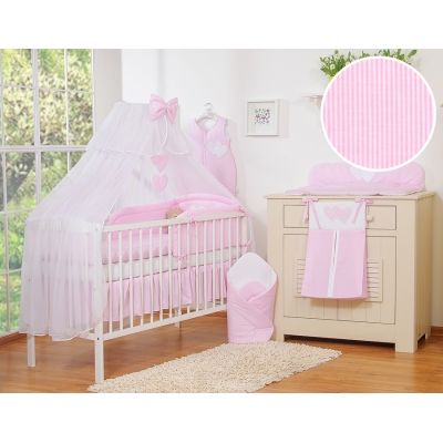 Ensemble de Linge de Lit 5 pcs avec Moustiquaire Rose Rayures Cœurs