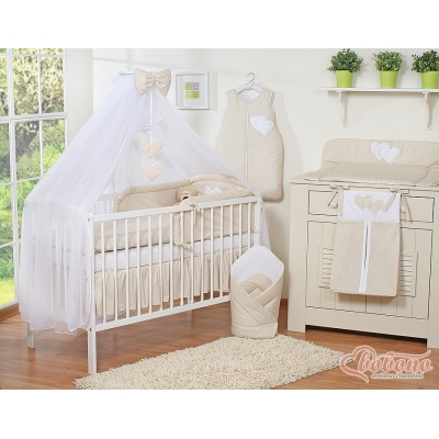 Ensemble de Linge de Lit Bébé 11 pcs  Moustiquaire Beige à Pois Cœurs