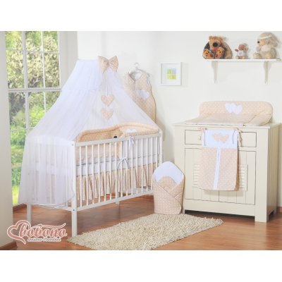 Ensemble de Linge de Lit Bébé 11 pcs  Moustiquaire Beige à Pois Cœurs