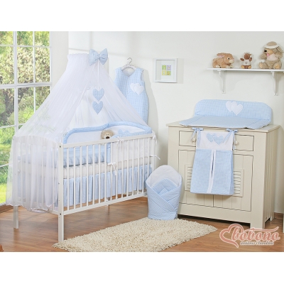 Ensemble de Linge de Lit Bébé  11 pcs  Moustiquaire Bleu à Carreaux Cœurs