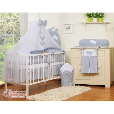 Ensemble de Linge de Lit Bébé 11 pcs  Moustiquaire Gris à Pois Cœurs