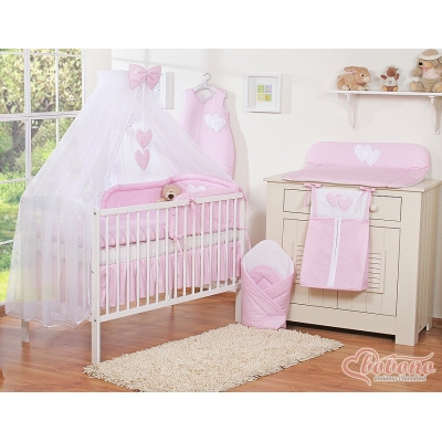 Ensemble de Linge de Lit Bébé 11 pcs  Moustiquaire Rose à Pois Cœurs