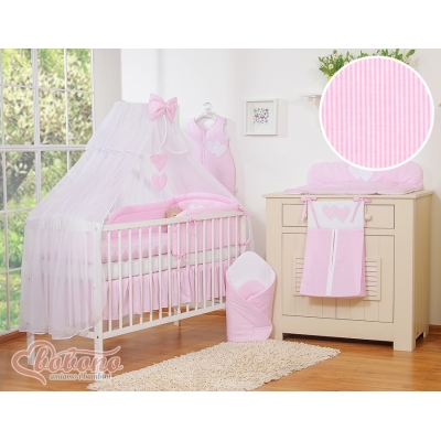 Ensemble de Linge de Lit Bébé 11 pcs  Moustiquaire Rose Rayures Cœurs