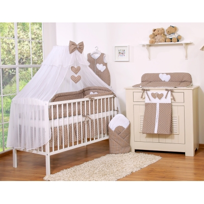 Ensemble de Linge de Lit Bébé 5 pcs avec Moustiquaire Brun à Pois Cœurs