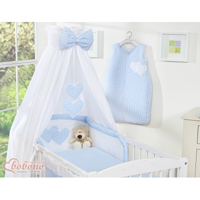 Ensemble de Linge de Lit pour Bébé 5 pcs - avec Baldaquin Bleu à Carreaux Cœurs