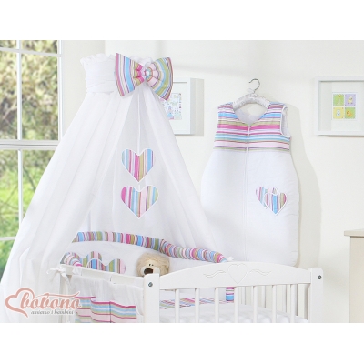 Ensemble de Linge de Lit pour Bébé 5 pcs - avec Baldaquin Lila Rayures Cœurs