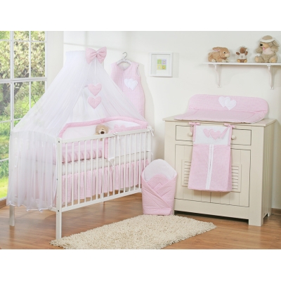 Ensemble de Linge de Lit pour Bébé 7 pcs avec Ciel Rose à Carreaux Cœurs