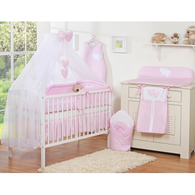 Ensemble de Linge de Lit pour Bébé 7 pcs avec Ciel Rose à Pois Cœurs